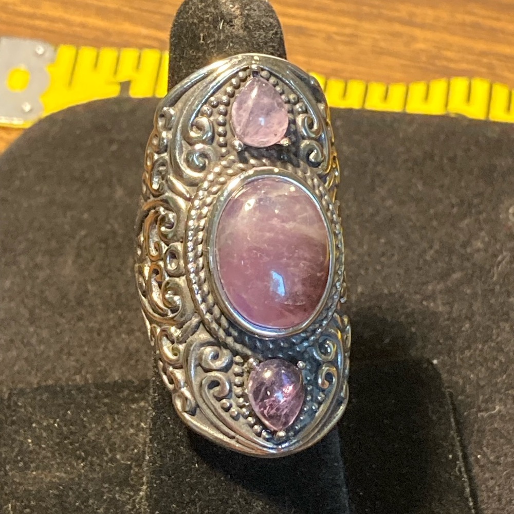 Bali Style 3 Stone Amethyst Ring Sz 7